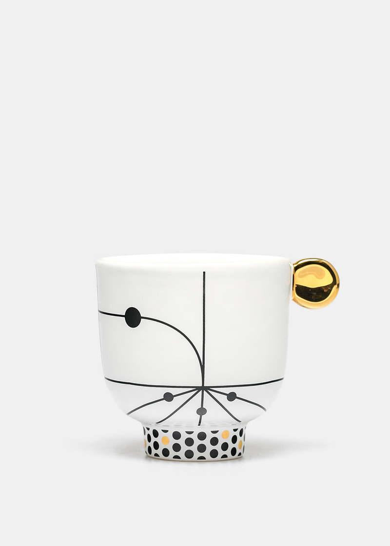 White Coffee Cup, Black & Gold Graphics