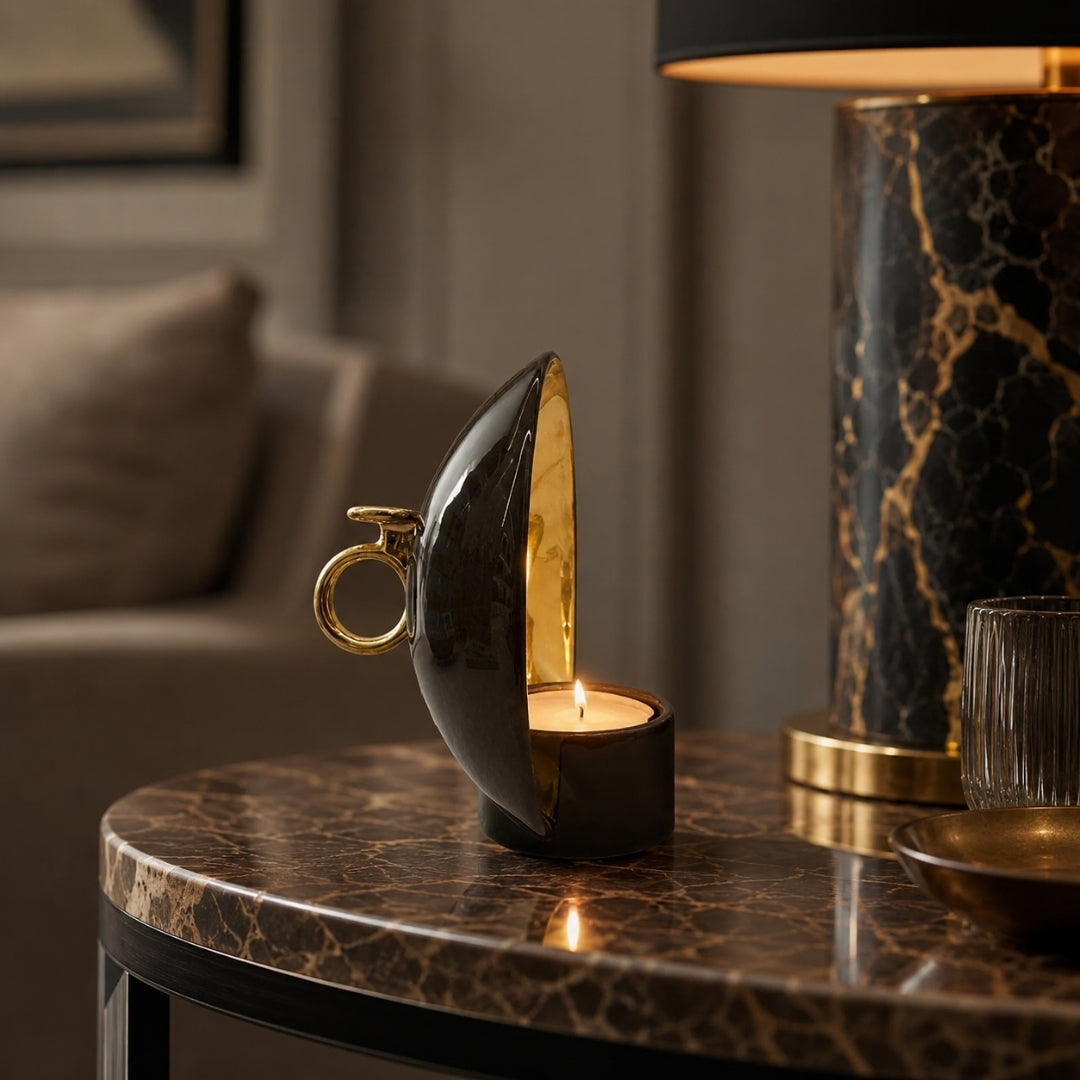 Lume Candle Holder Glossy Mud Brown & Glossy Gold Details - Bosa (view 2)