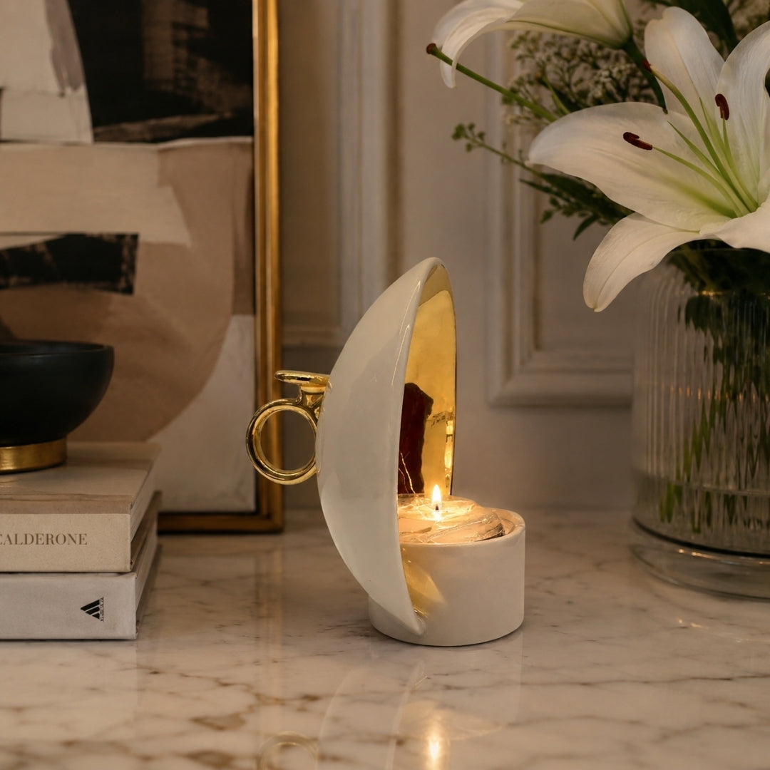 Lume Candle Holder Pink Tea Outside Glossy Gold Inside & Detail - Bosa (view 2)