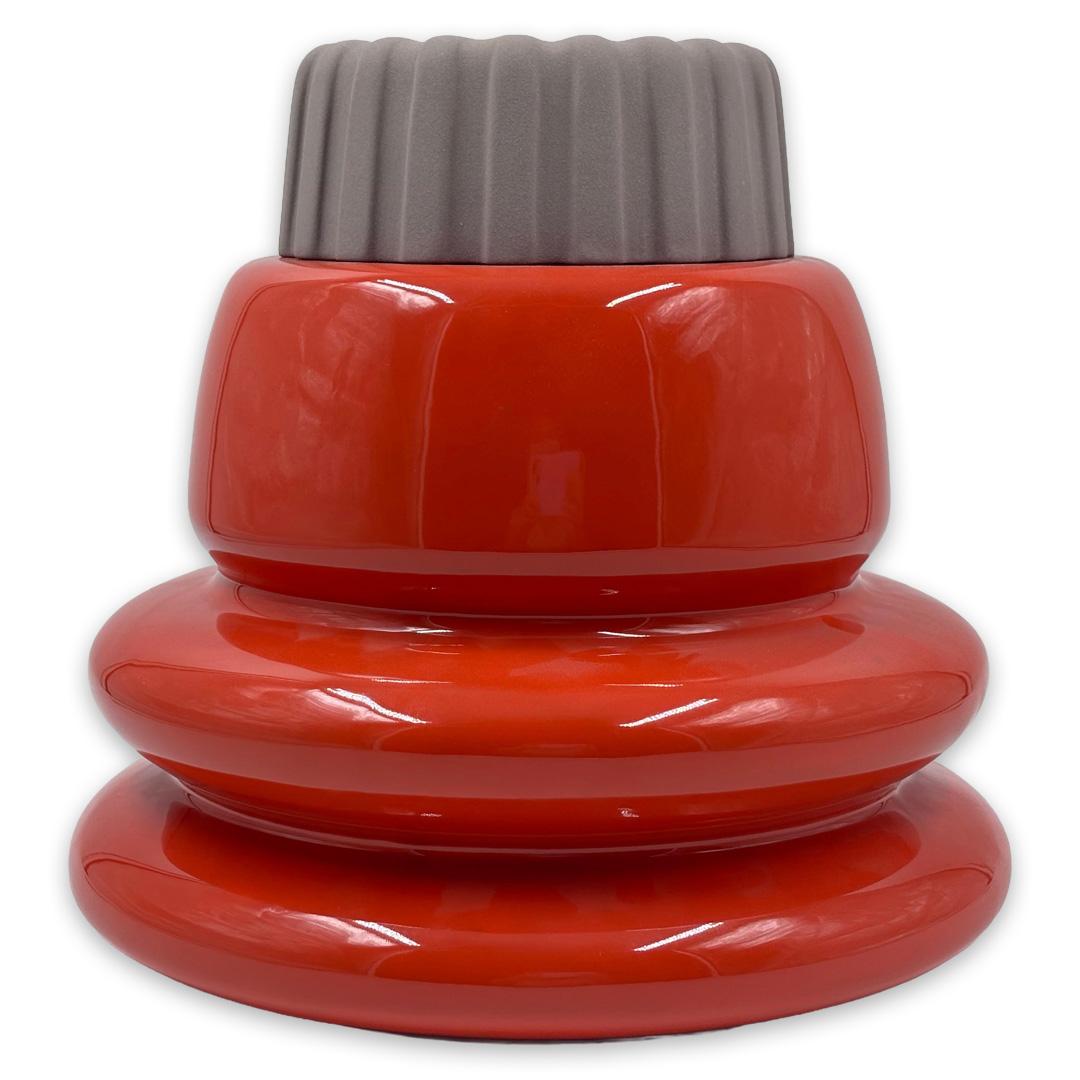 Volcano Vase 2 Glossy Khaki Base Rough Dusky Brown Top With Tea Rose Inside