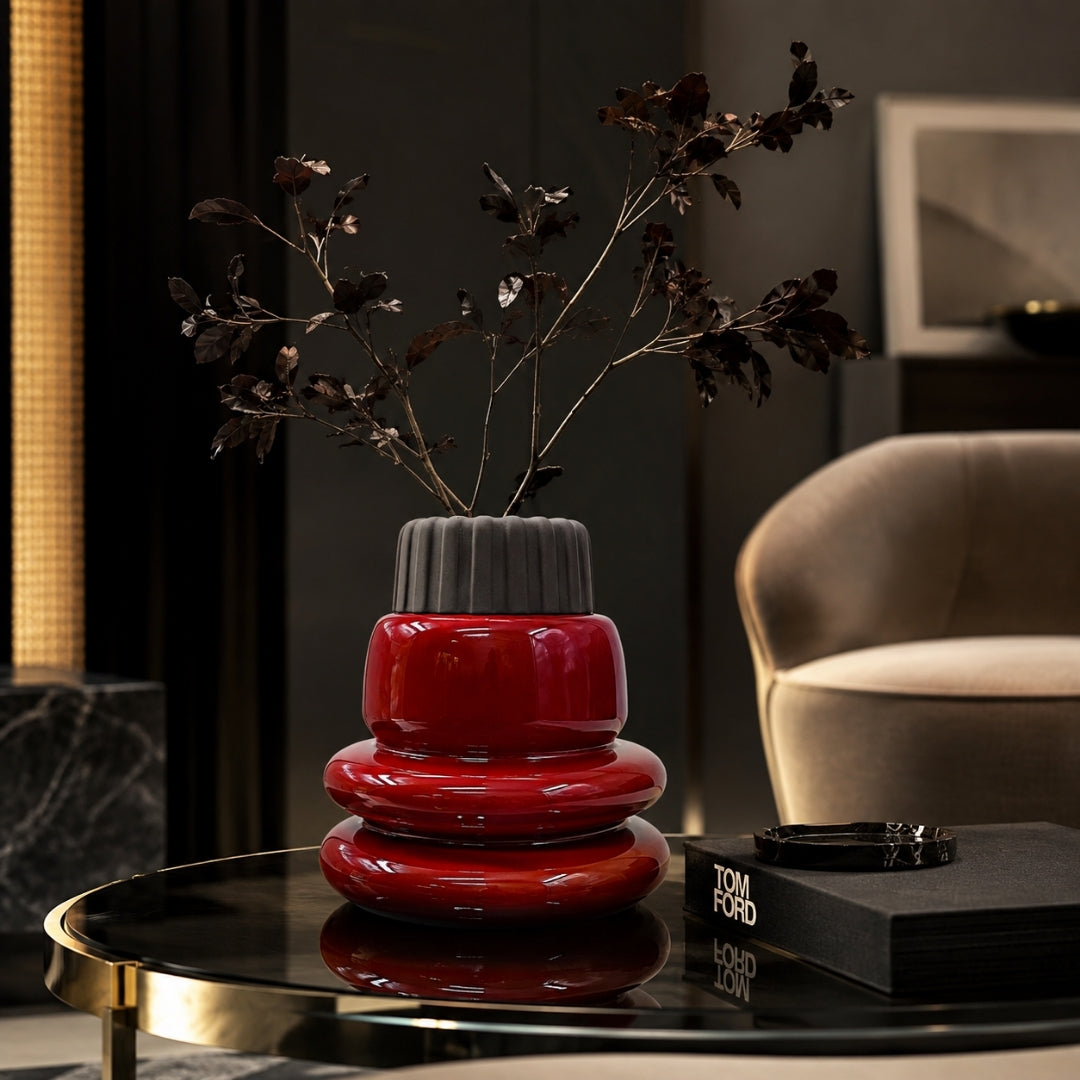 Volcano Vase 2 Glossy Khaki Base Rough Dusky Brown Top With Tea Rose Inside - Bosa (view 2)