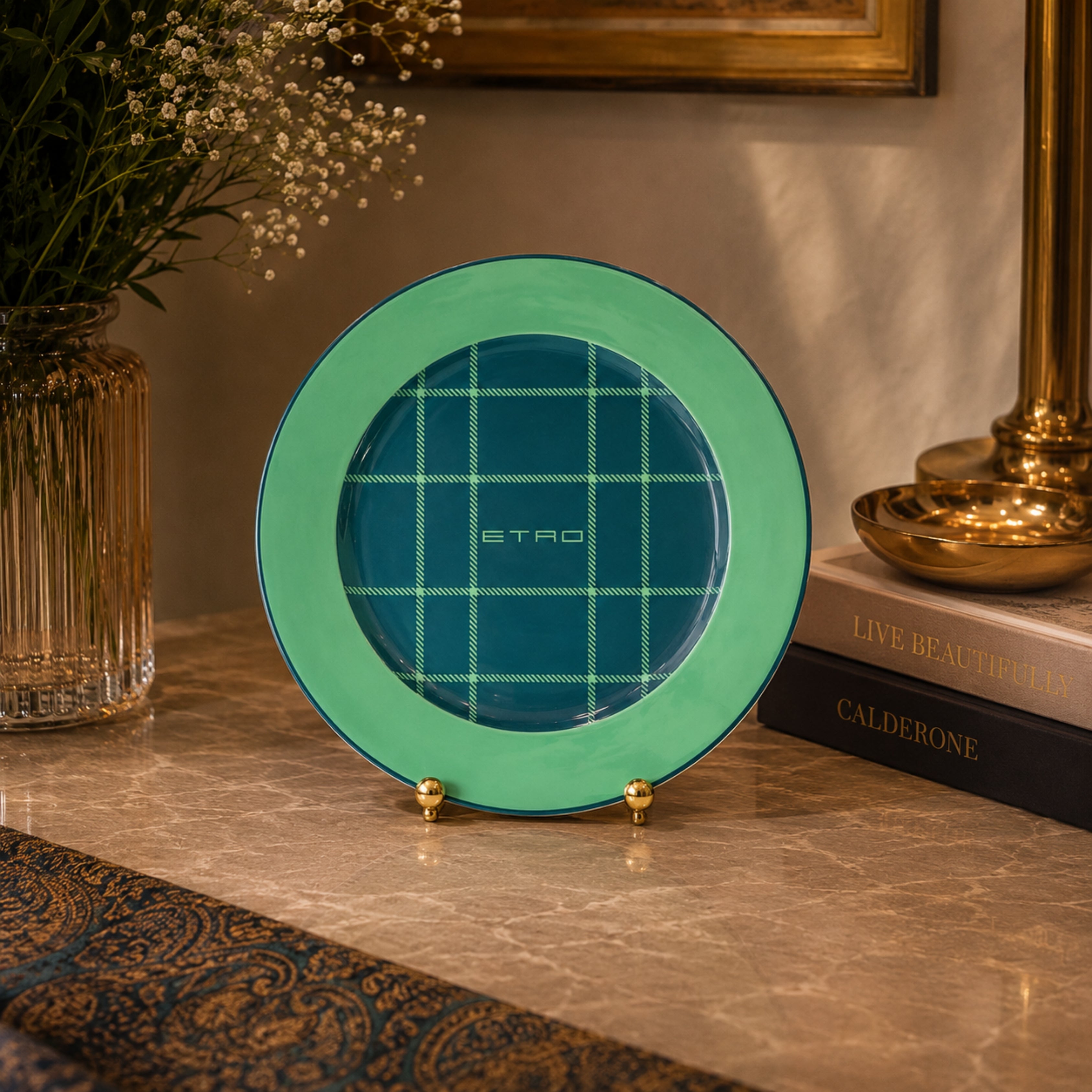 Tartan Round Decorative Plate 2 Pc Set-Green - Etro (view 2)
