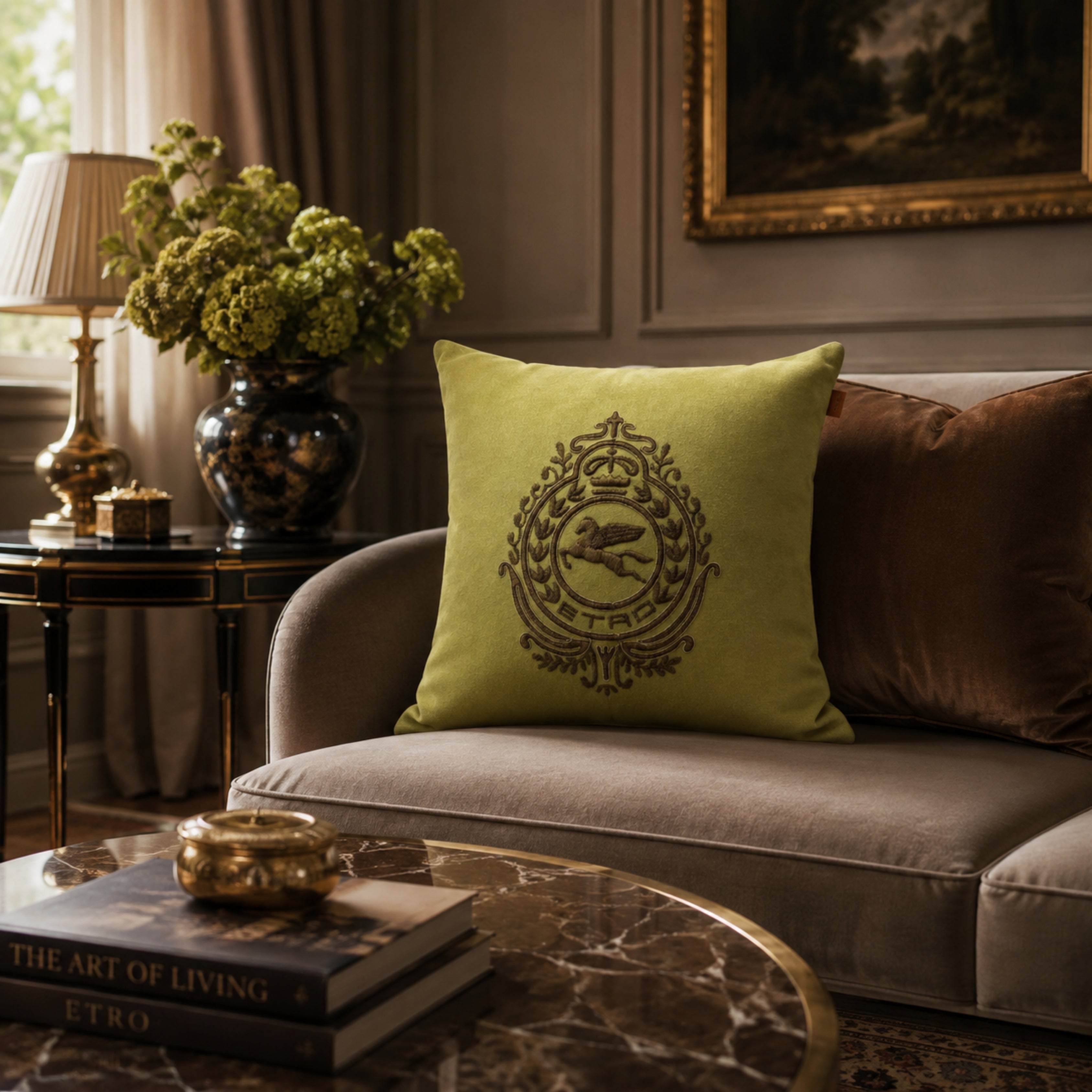 Crest Embroidered Cushion 2 Pc Set-Parrot Green - Etro (view 2)