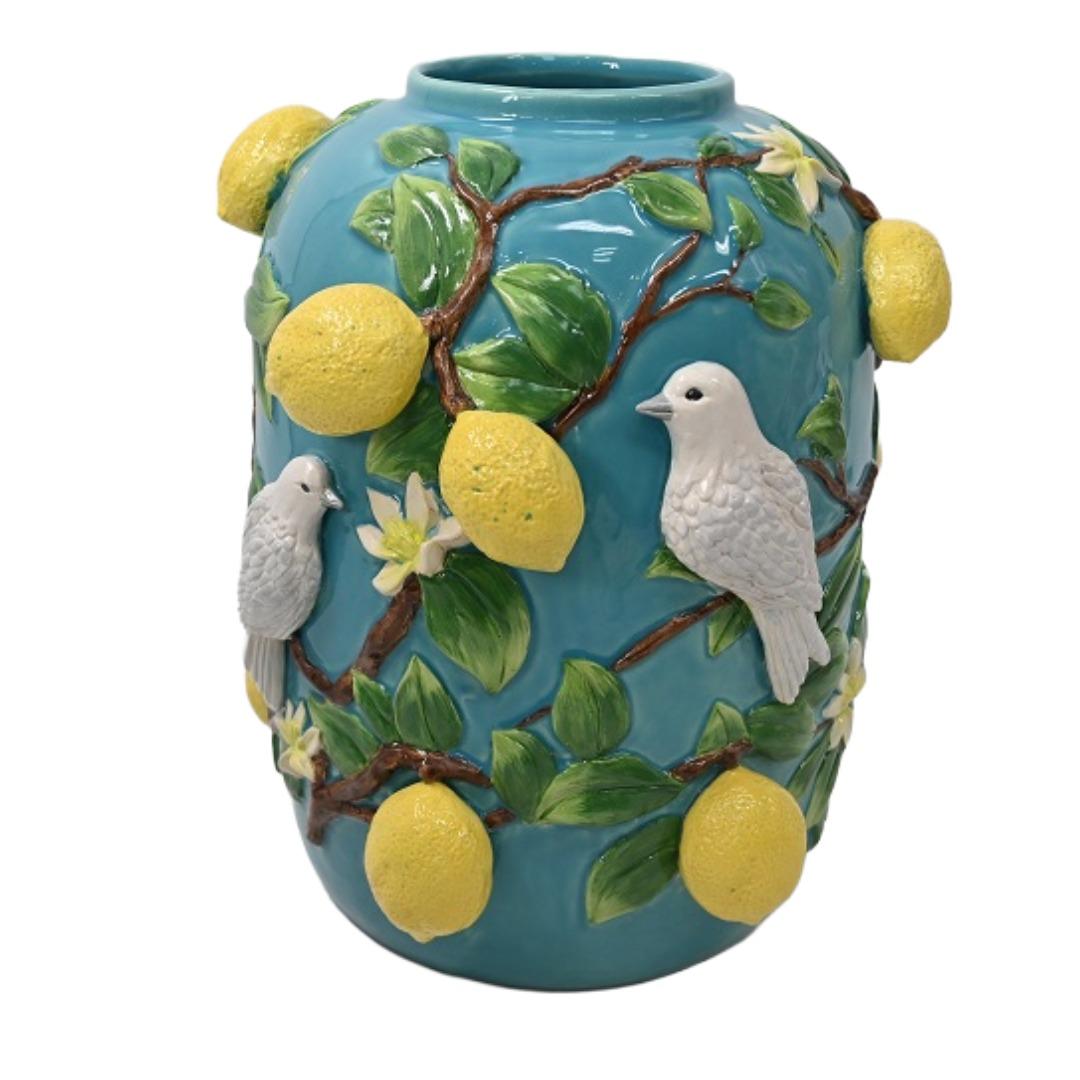 BLUE CERAMIC VASE 'LEMON+BIRDS '