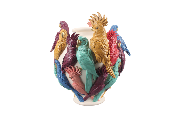 WHITE RESIN VASE WITH MULTI COLOUR PARROT