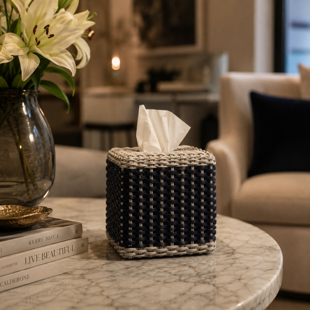 Pfb106 G67St00 Antibes Leather & Rattan Tissue Holder Square - GioBagnara (view 2)