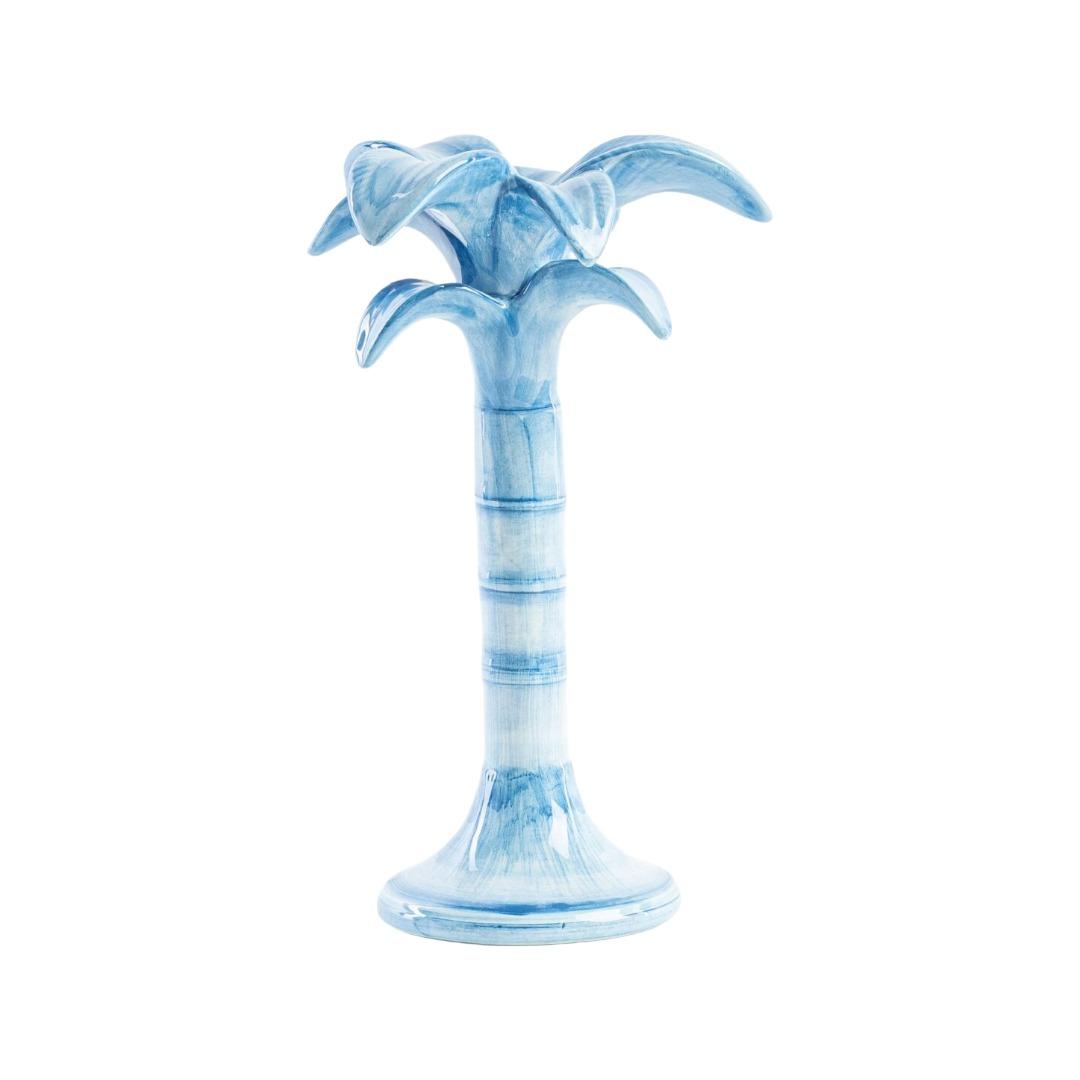 HAND PAINTED BLUE PALM CERAMIC CANDELABRA - MEDIUM