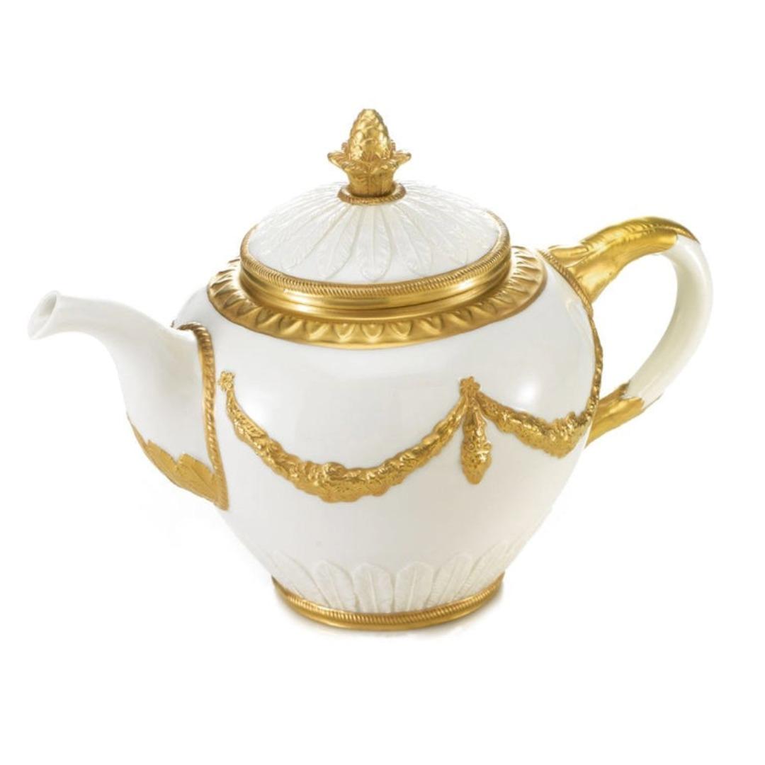 EMPIRE TEA POT - WHITE-ANTIQUE GOLD